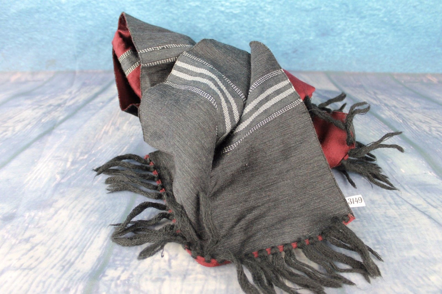 Vintage Mens Charcoal Silver Grey Burgundy Striped Fringed Reversible Scarf