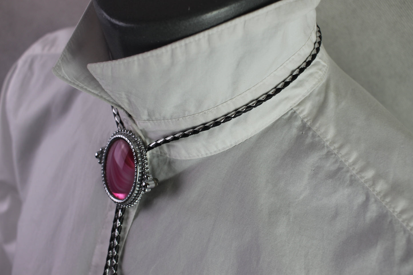 Vintage Giant Pink Oval Cabochon Set in Silver Metal Mount Bolo Western Tie