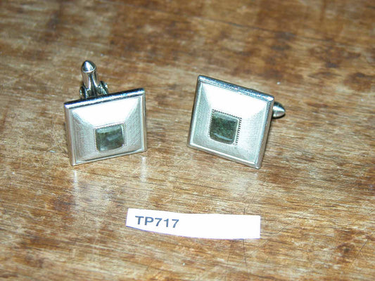 Vintage Swank Square Pyramid with Inset Green Stone Cuff Links