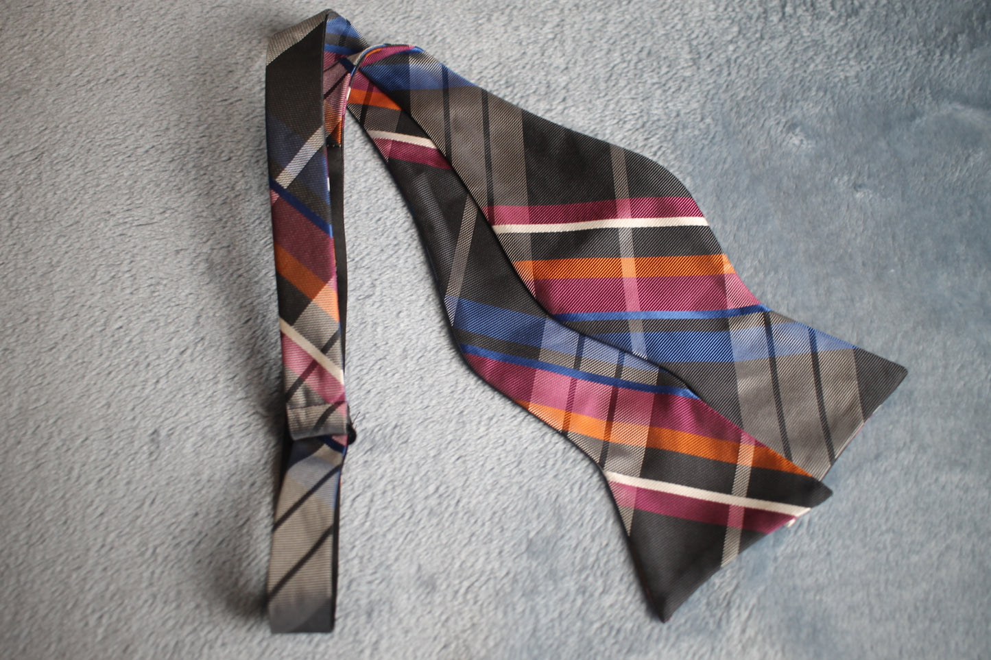 Vintage self tie thistle end grey pink orange blue tartan pattern bow tie adjustable
