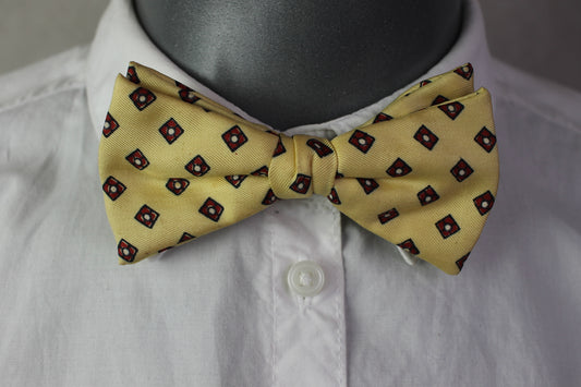 Vintage pre-tied clip on cream yellow red squares pattern bow tie