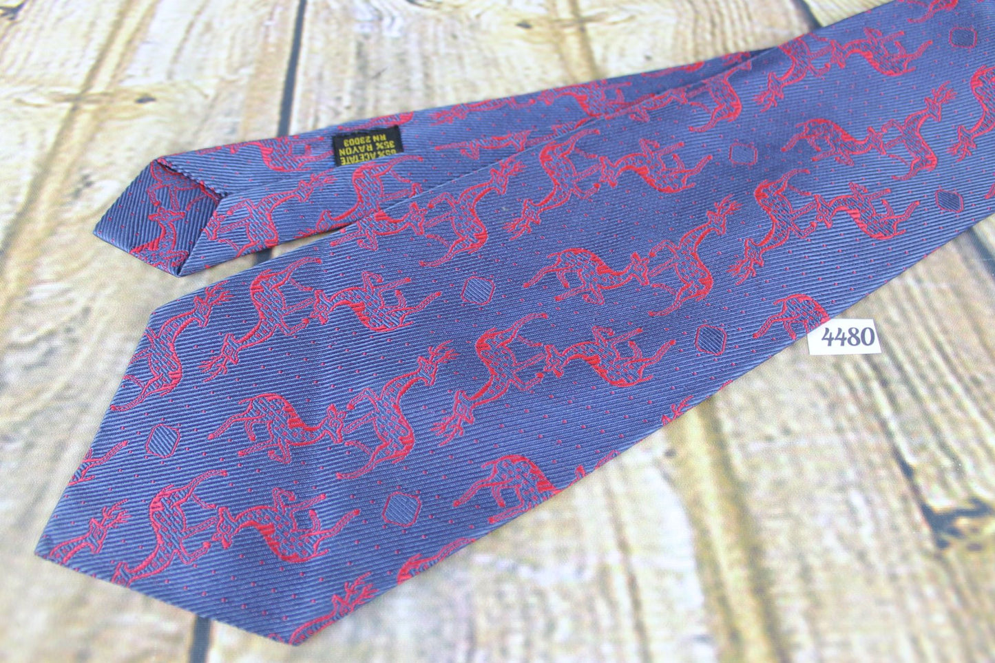 Vintage Blue Tie With Deer Stag Red Woven Repeat Pattern