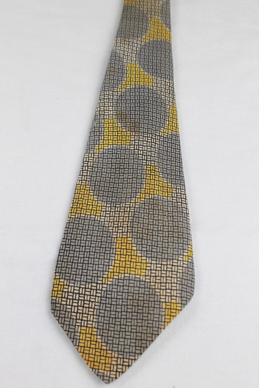 Vintage J L Hudson 1940s/50s yellow cream silver grey circles pattern swing tie