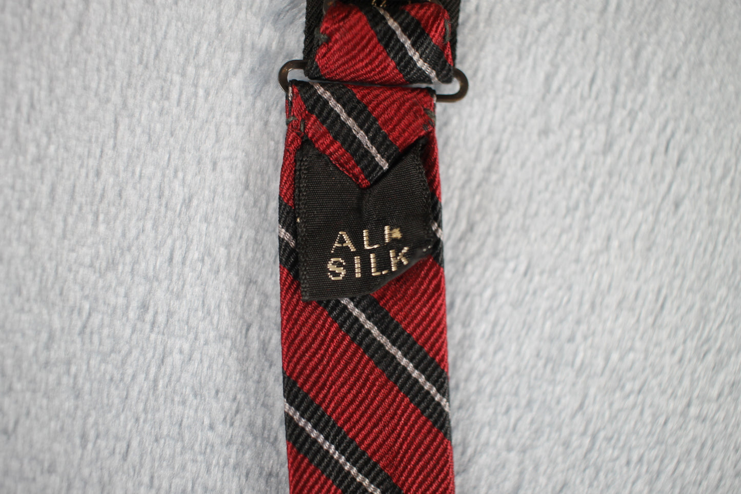 Vintage self tie paddle end all silk dark red black white striped pattern bow tie adjustable