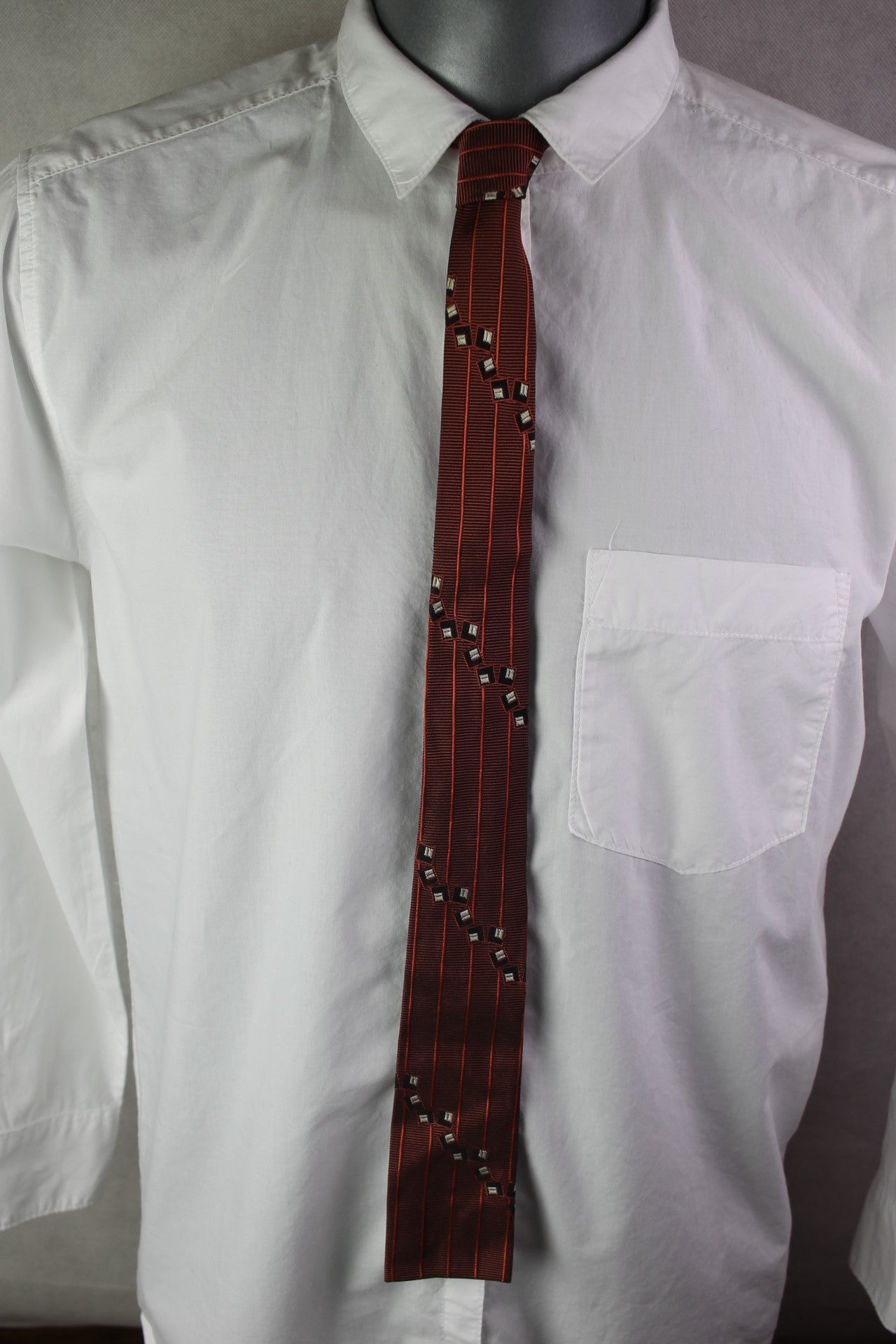 Vintage pink black striped pattern with square motifs square end skinny tie