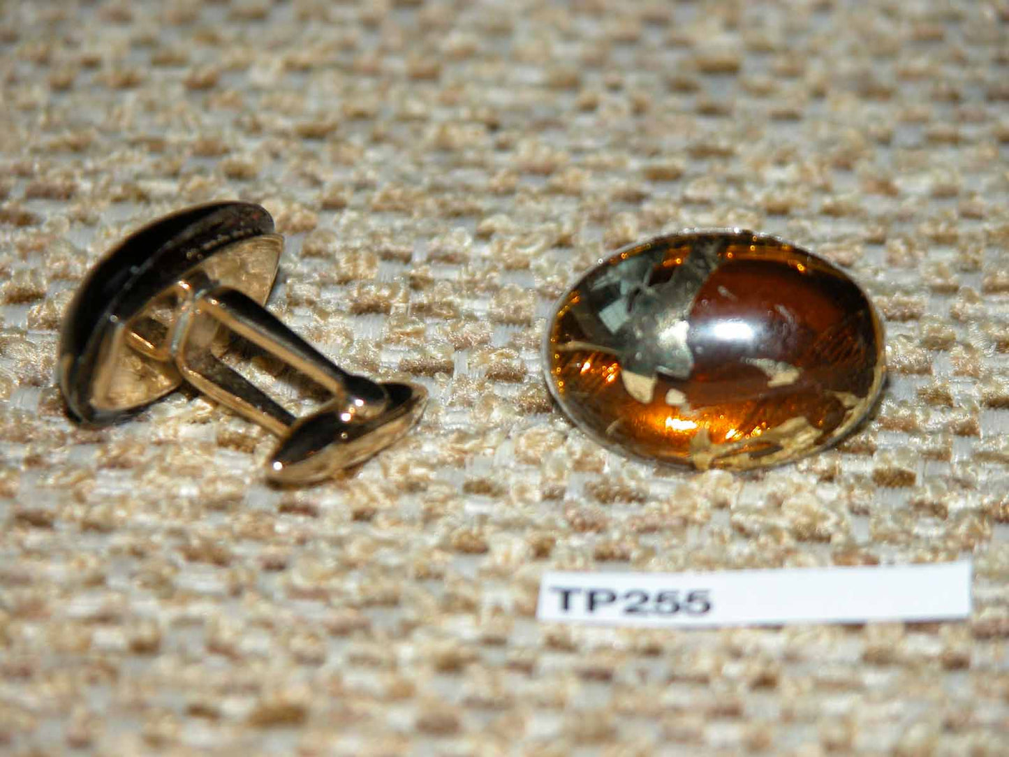 Vintage Cuff Links Gold Metal Large Brown Gold Foil Art Glass Stones