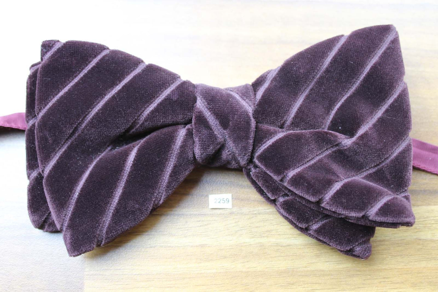 Vintage 1970s Pre Tied Bow Tie Burgundy Velvet Carved Diagonal Stripe