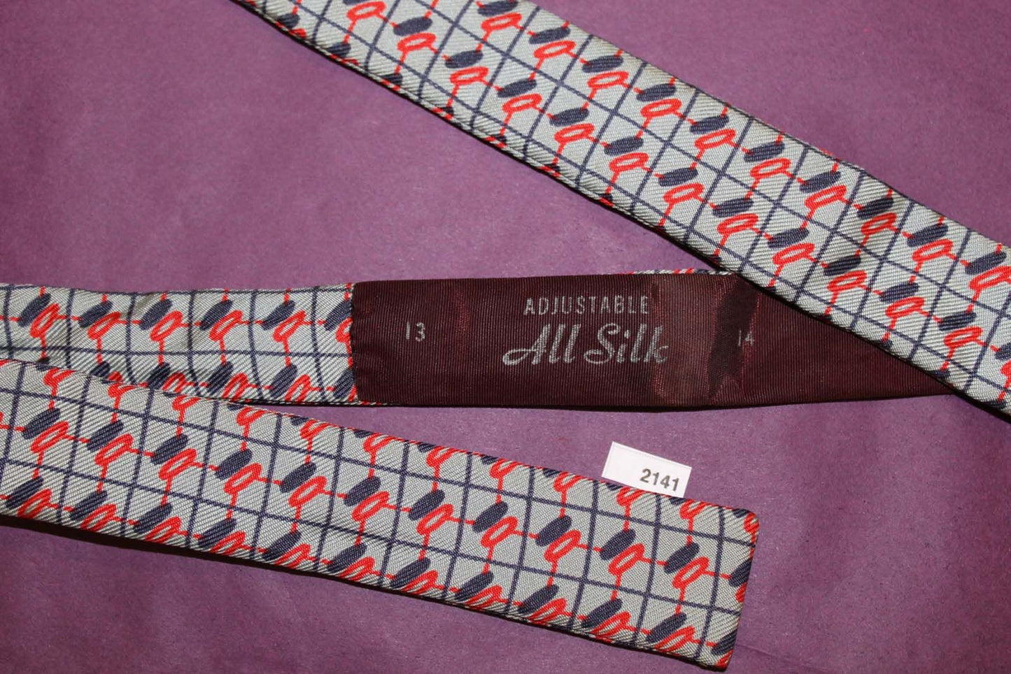 Vintage All Silk Self Tie Bow Tie Straight End Skinny Red Grey Black Repeat Pattern Adjustable