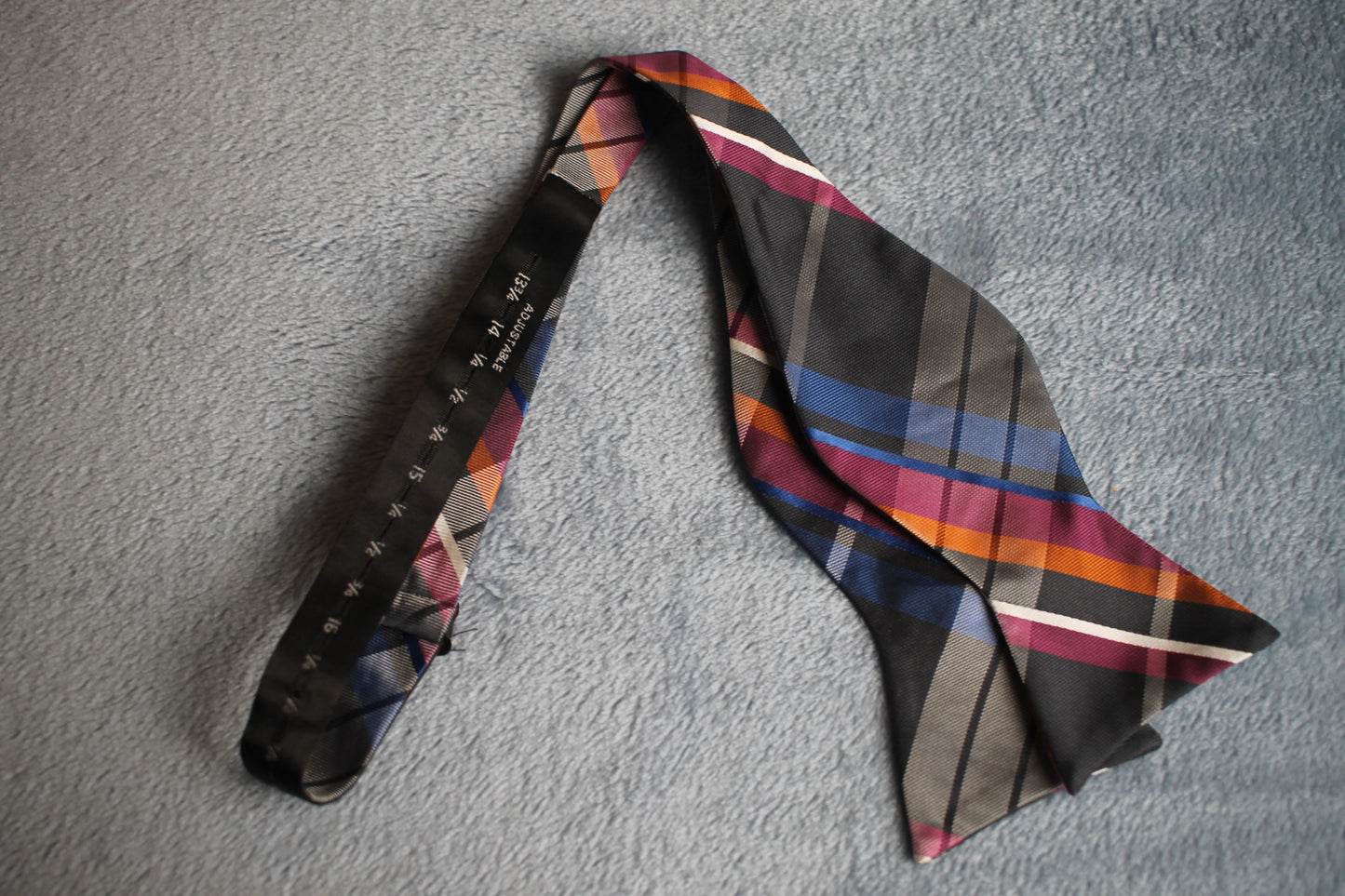 Vintage self tie thistle end grey pink orange blue tartan pattern bow tie adjustable