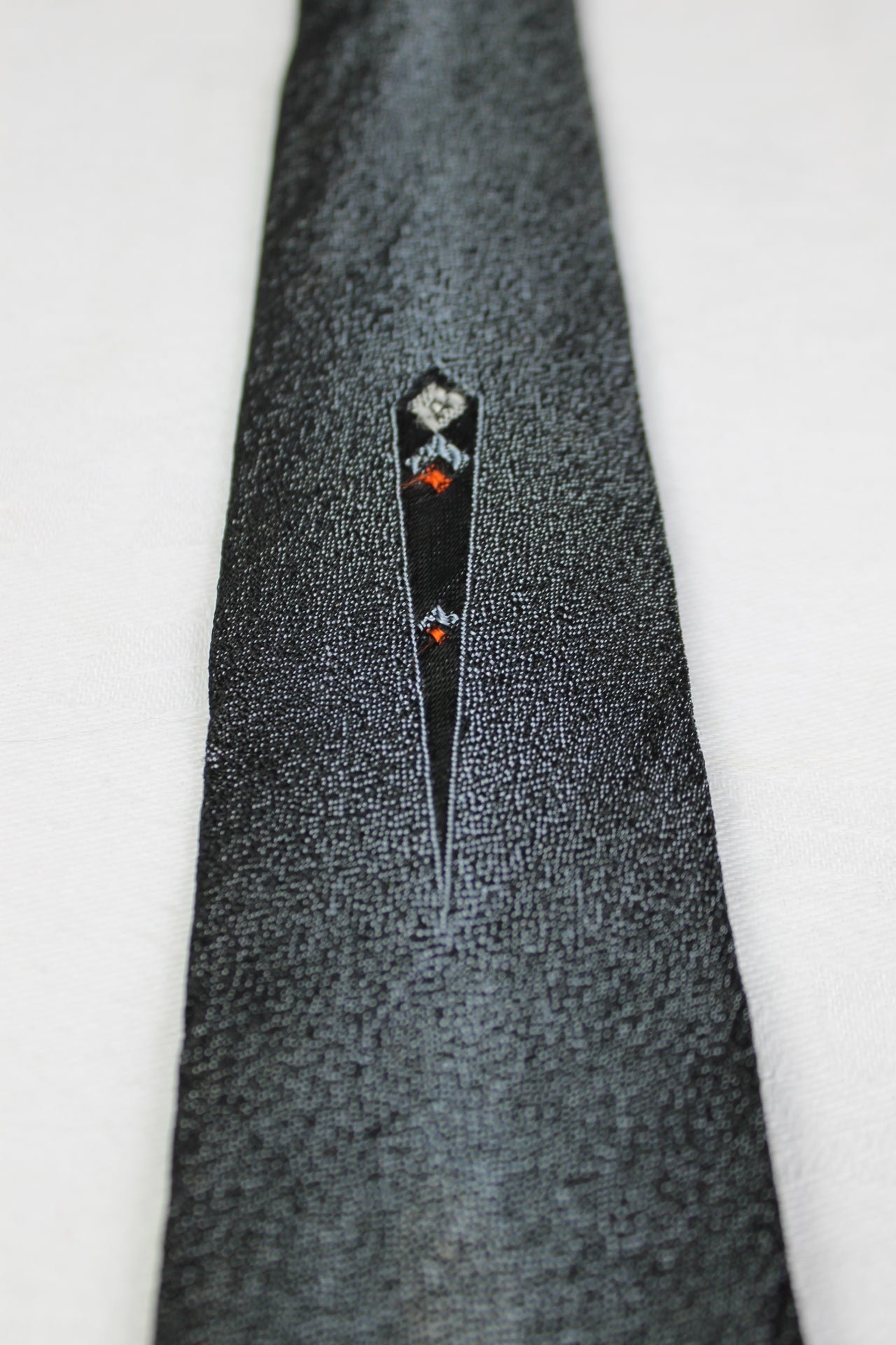 Vintage Sharkskin Fabric Black Grey Faded Pattern Skinny Tie 1950s/1960s