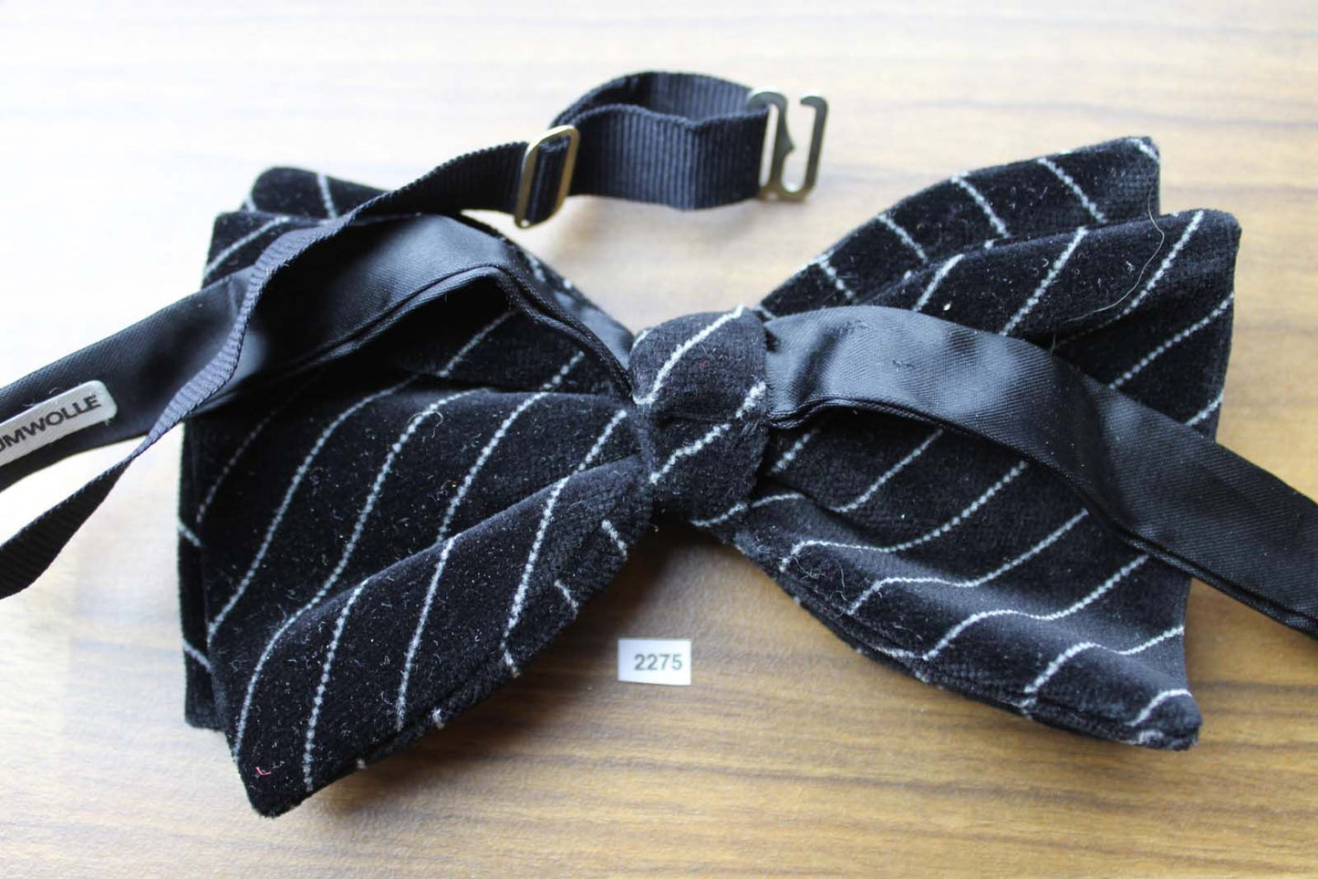 Vintage 1970s Pre Tied Bow Tie Black White Diagonal Stripe Velvet Adjustable