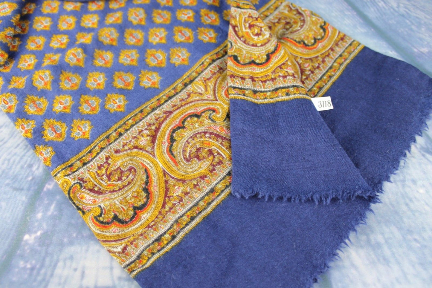 Vintage Hand Blocked Print Pure Wool Navy Red Gold Scarf