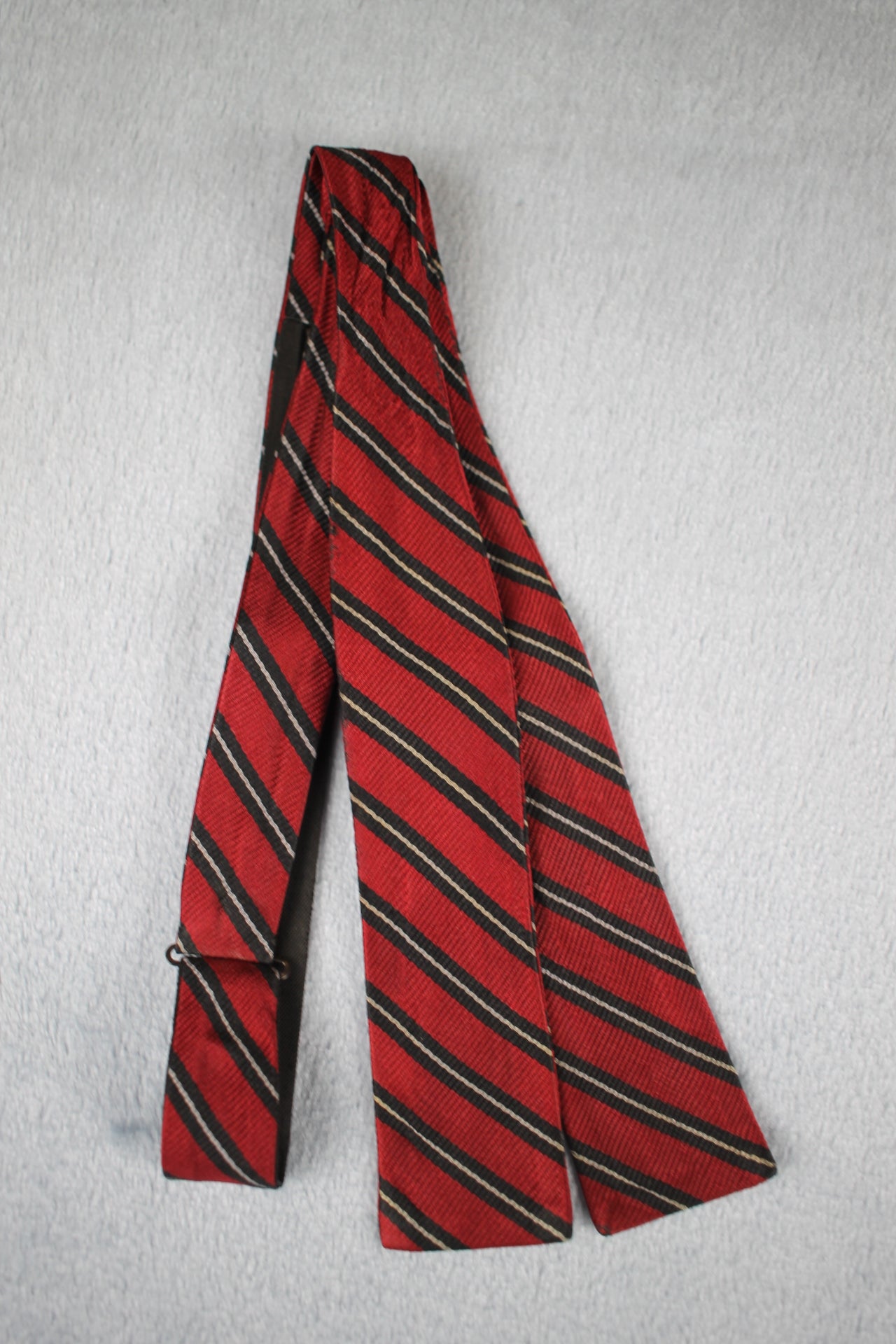 Vintage self tie paddle end all silk dark red black white striped pattern bow tie adjustable
