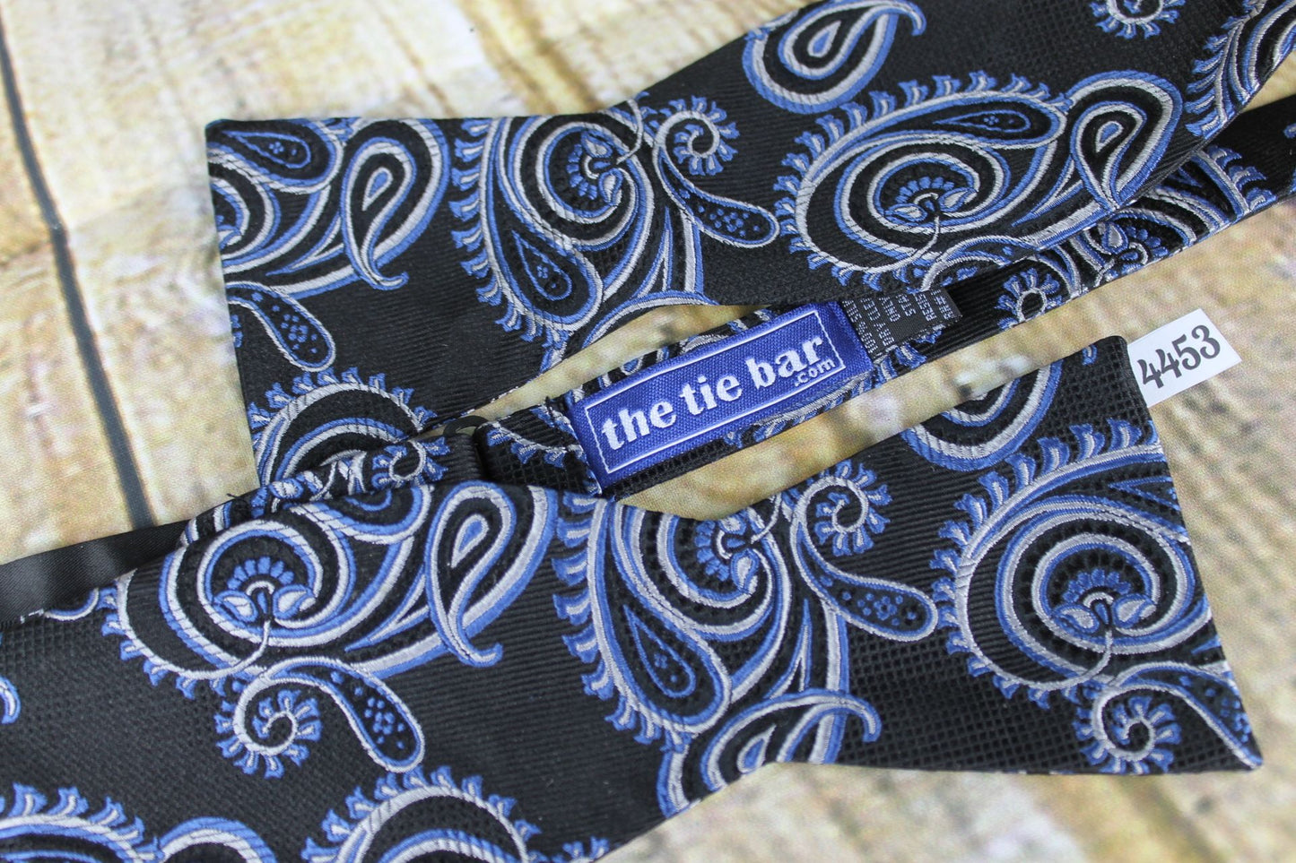 The Tie Bar 100% Silk Self Tie Straight End Thistle Bow Tie Navy Silver Paisley