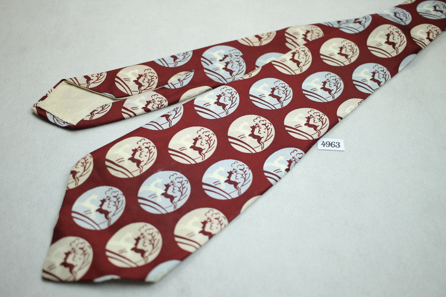 Vintage Haband Swing Tie 1940s/50s Burgundy Pale Blue Beige Deer Design