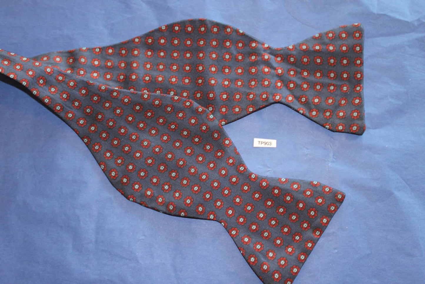 Vintage Hand Block English All Silk Self Tie Straight End Thistle Bow Tie Navy Burgundy Adjustable