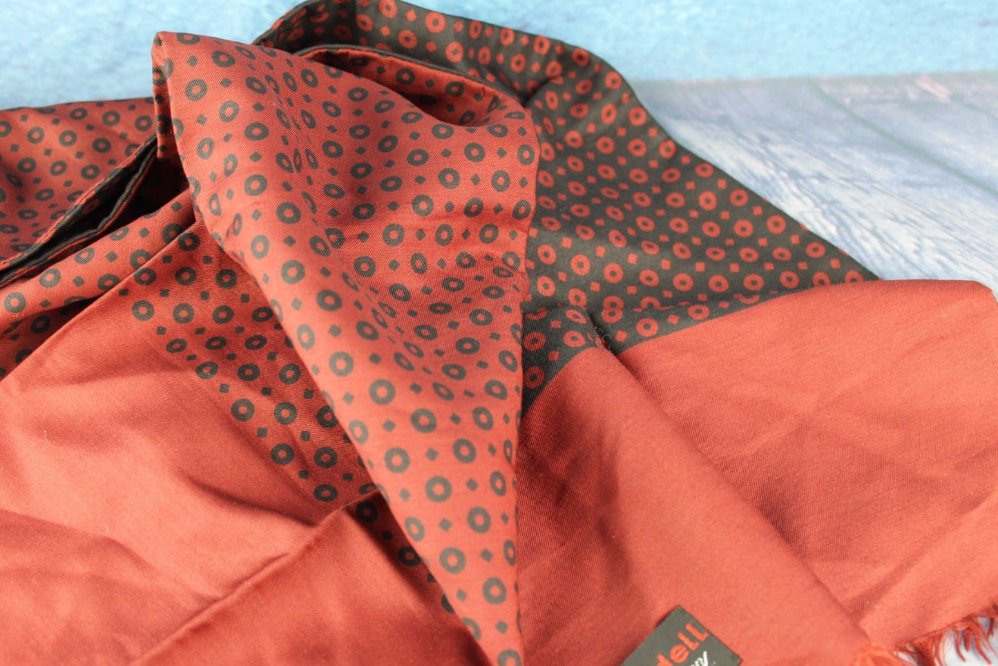 Vintage Meifter Modell Italian Wool & Silk Burgundy Black Circles Squares Pattern Scarf