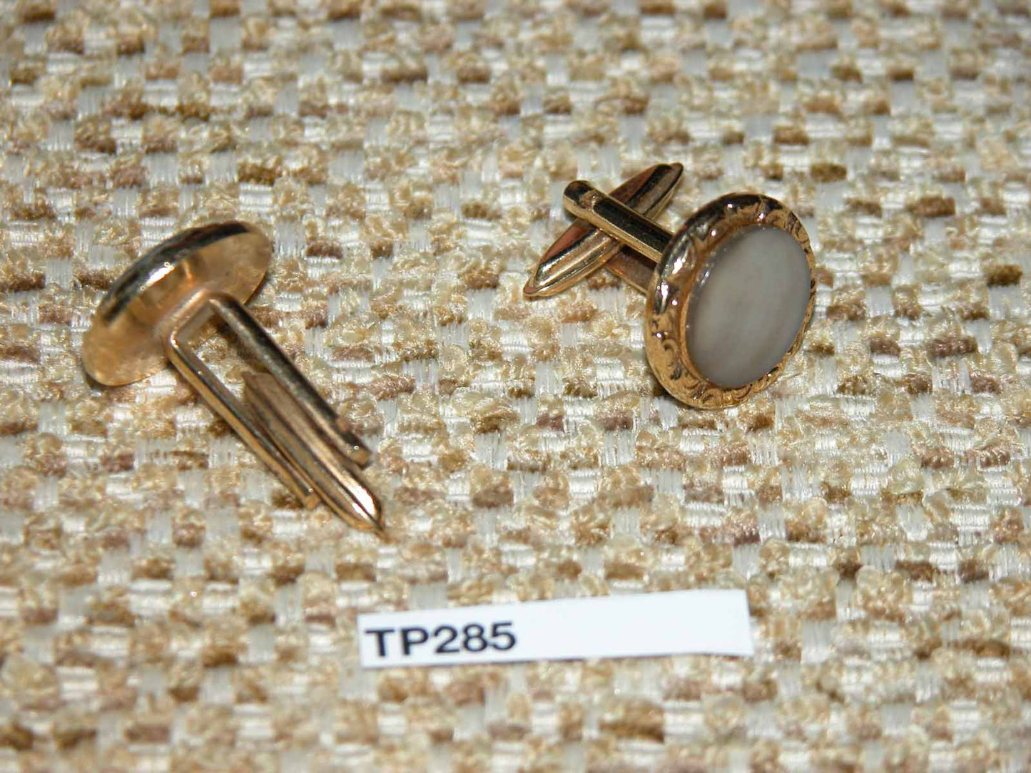 Vintage Cuff Links Gold Metal Grey Pearlised Glass Button Setting