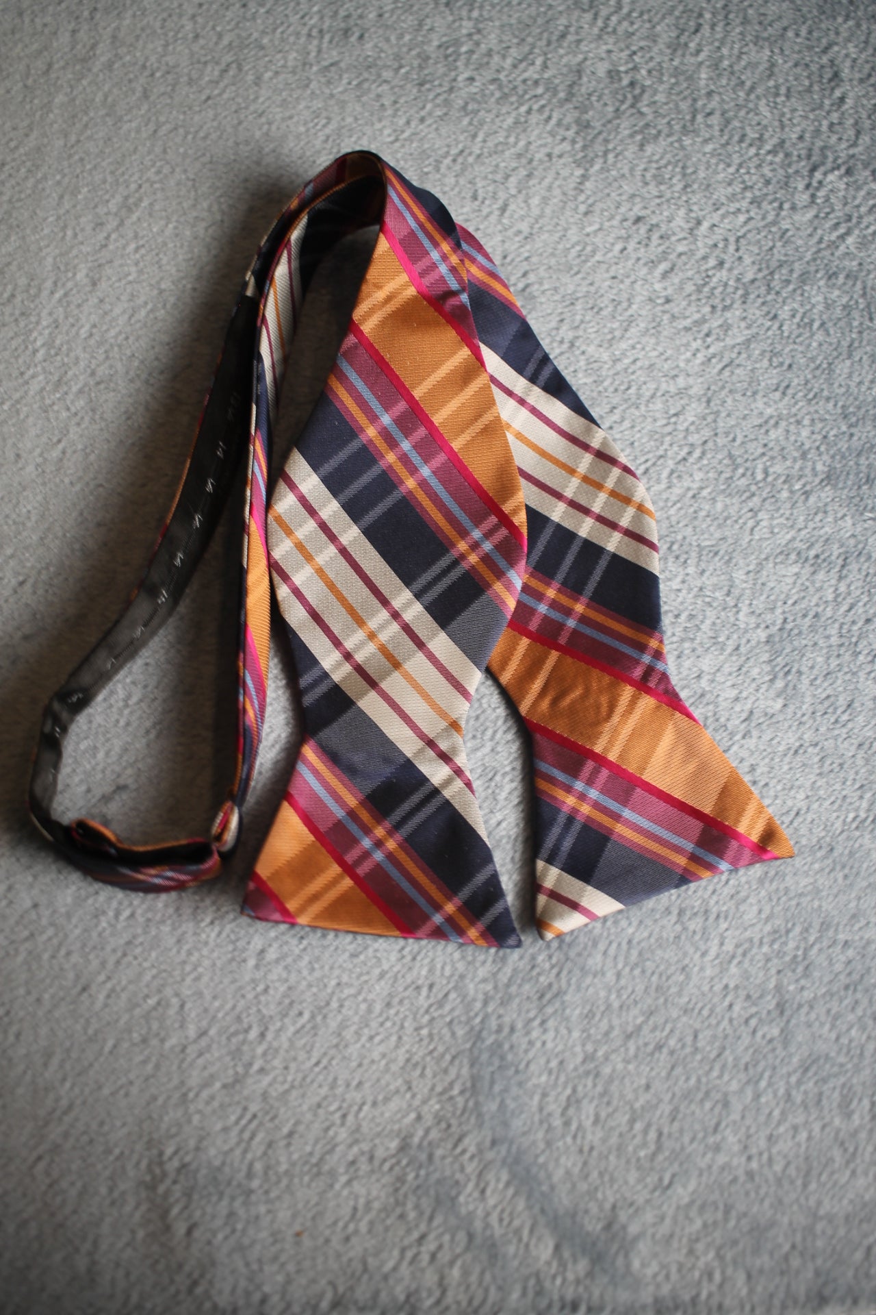 Vintage self tie thistle end orange black pink tartan pattern bow tie adjustable