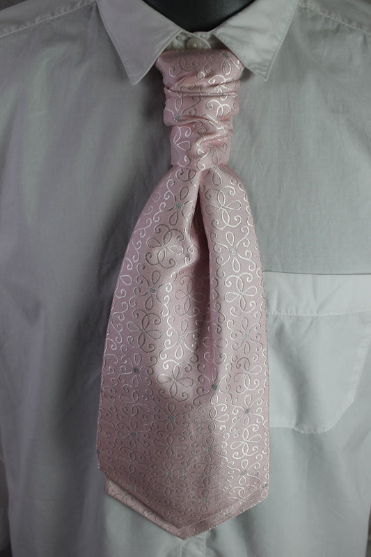 Vintage pre-tied baby pink silver pattern wedding cravat adjustable