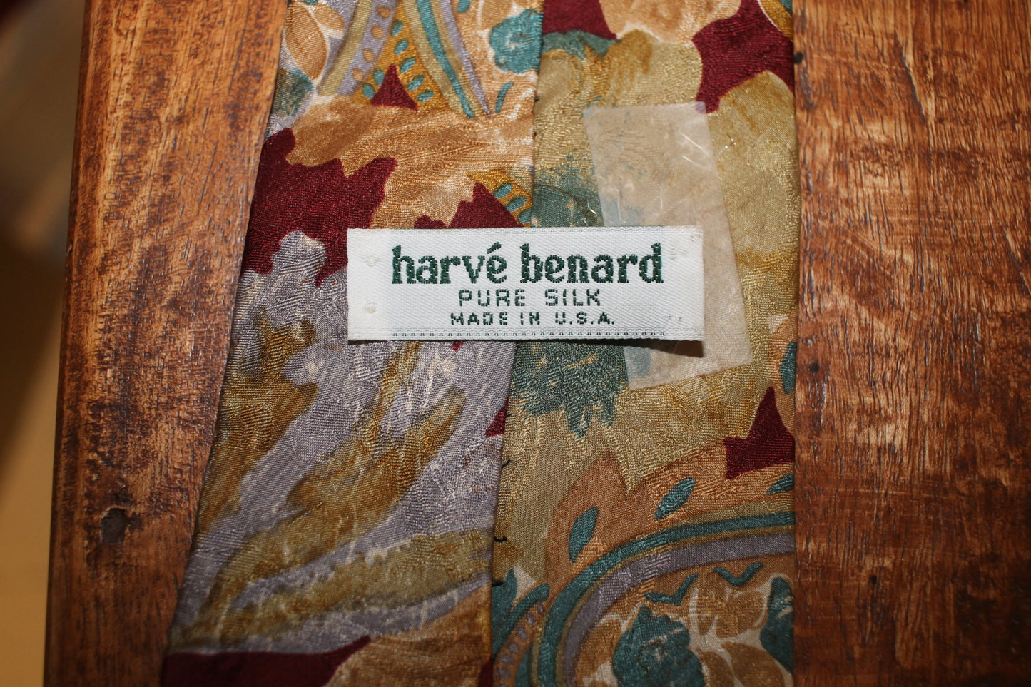 Vintage Harvé Benard pure silk gold silver burgundy foliage tie