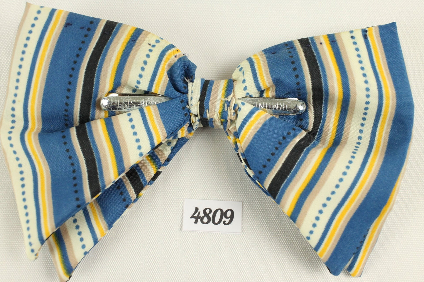 Vintage blue ivory gold stripe drop end clip on bow tie