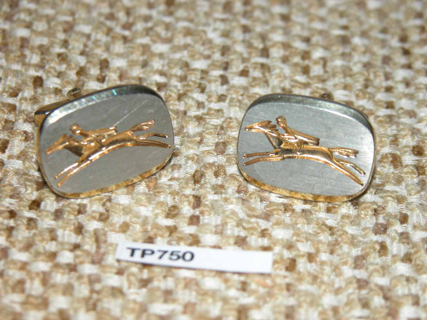 Vintage Horse Racing Brushed Silver Metal & Gold Tone Engraved Cuff Links
