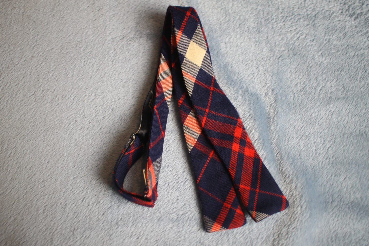 Vintage Spur self tie paddle end all wool red black blue tartan pattern bow tie adjustable