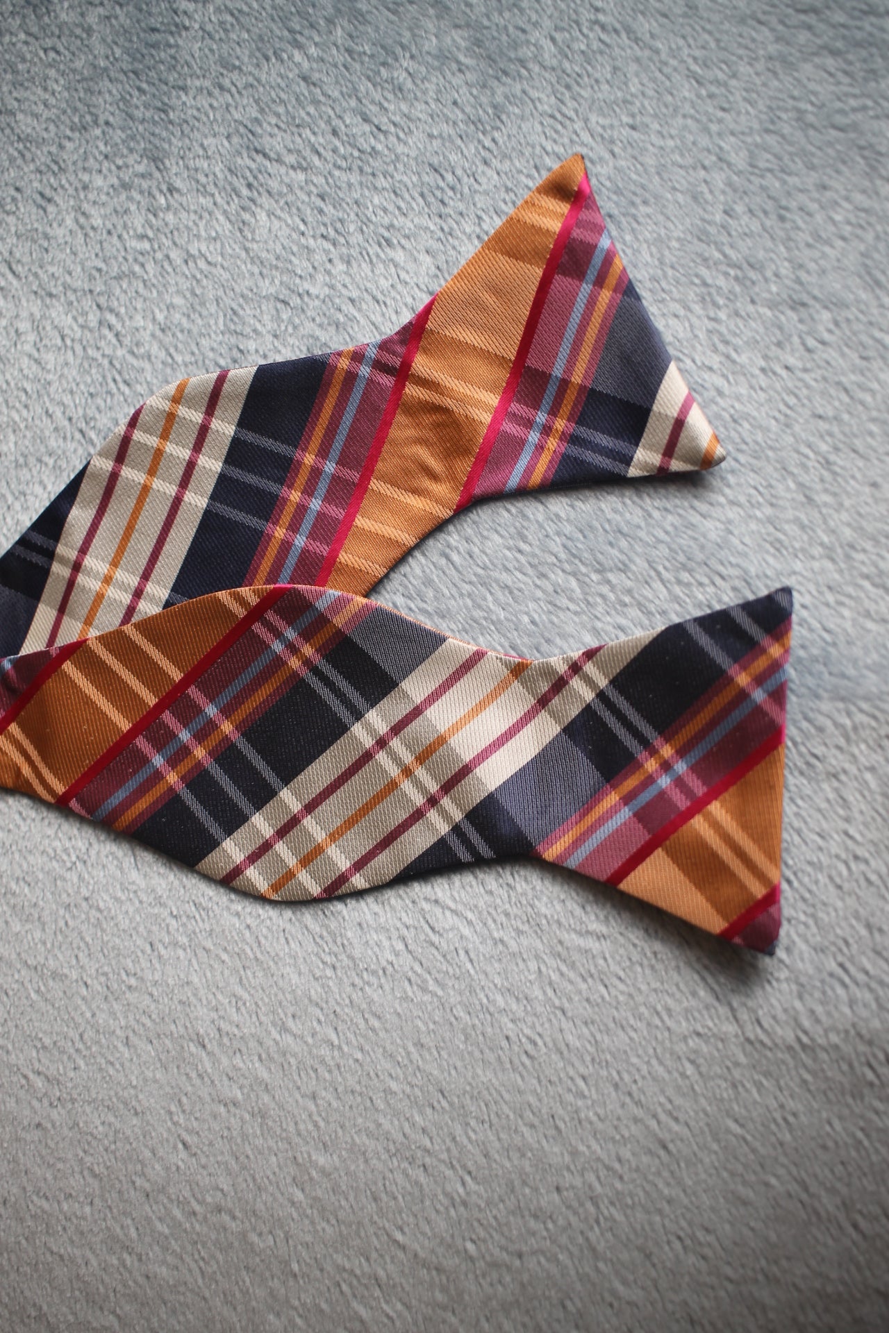 Vintage self tie thistle end orange black pink tartan pattern bow tie adjustable