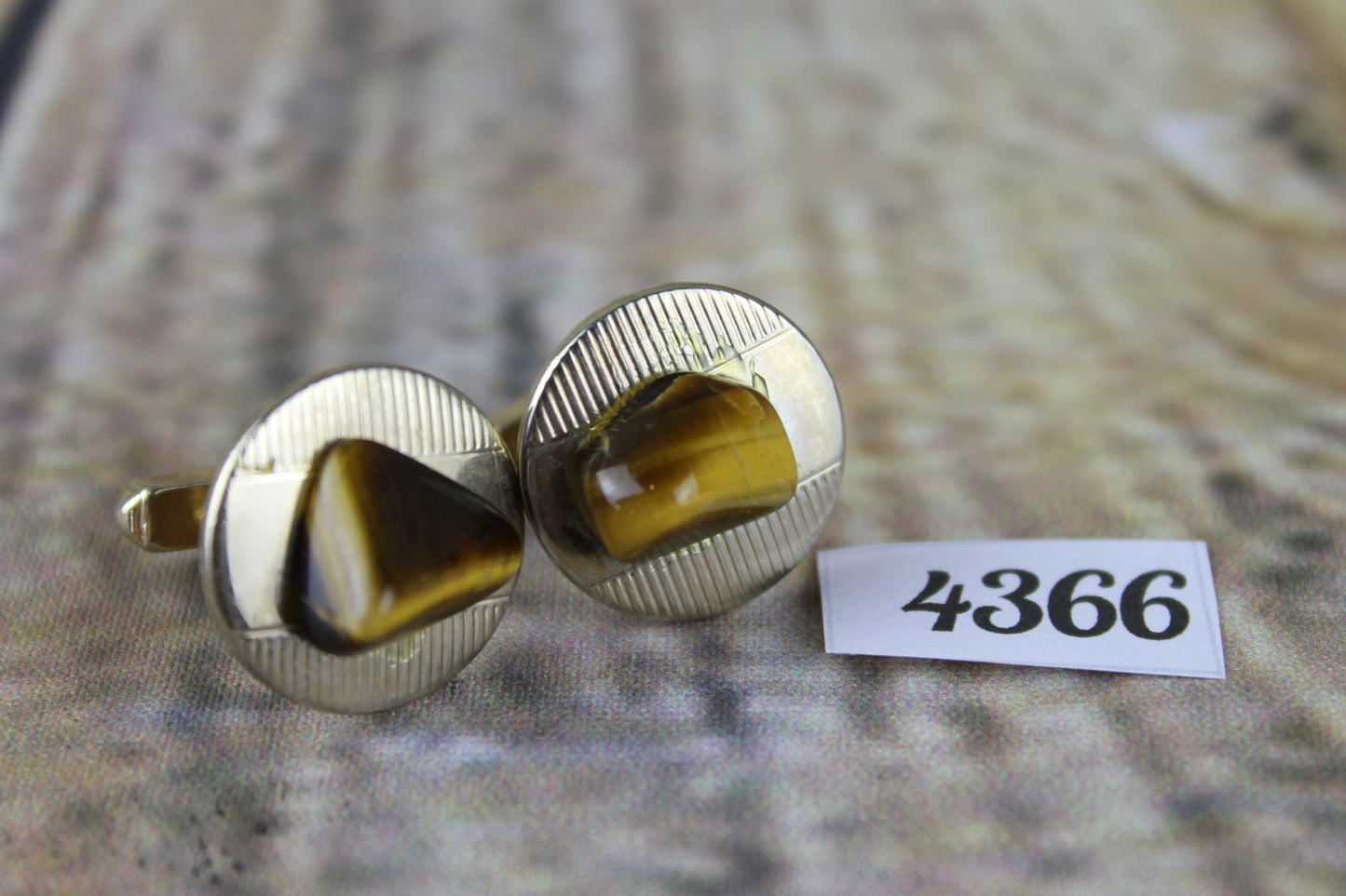 Vintage round gold metal tigers eye stones cuff links