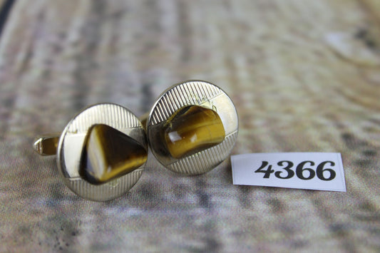 Vintage round gold metal tigers eye stones cuff links