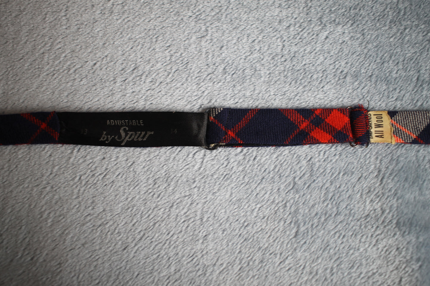 Vintage Spur self tie paddle end all wool red black blue tartan pattern bow tie adjustable
