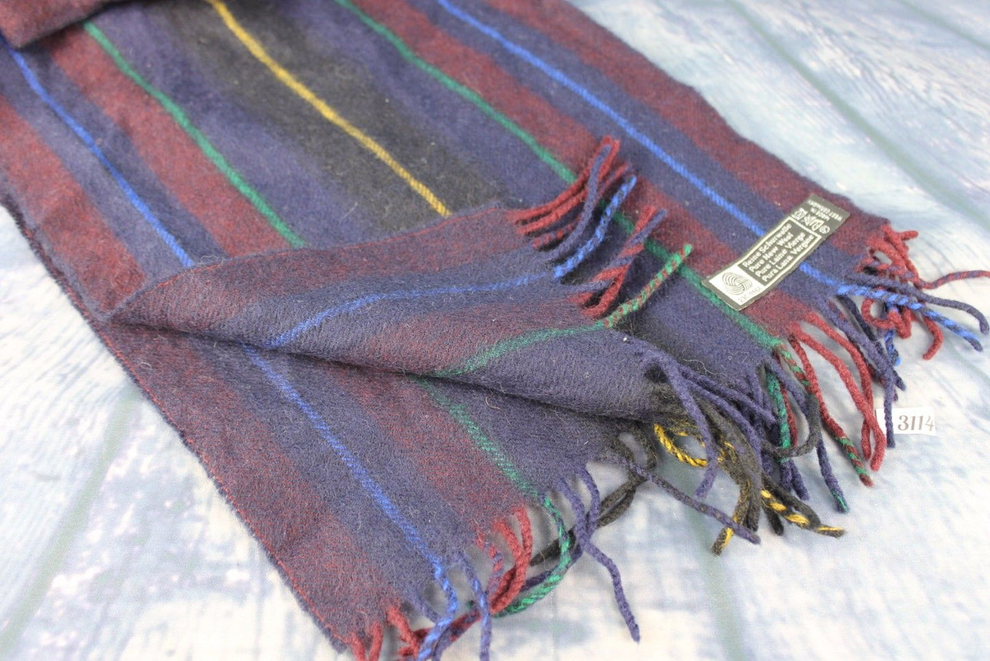 Vintage German Designer Pure Wool Striped Blue Green Gold Burgundy Scarf