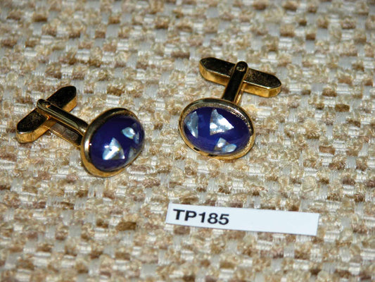 Vintage gold metal blue and pearl oval art glass stones cuff links
