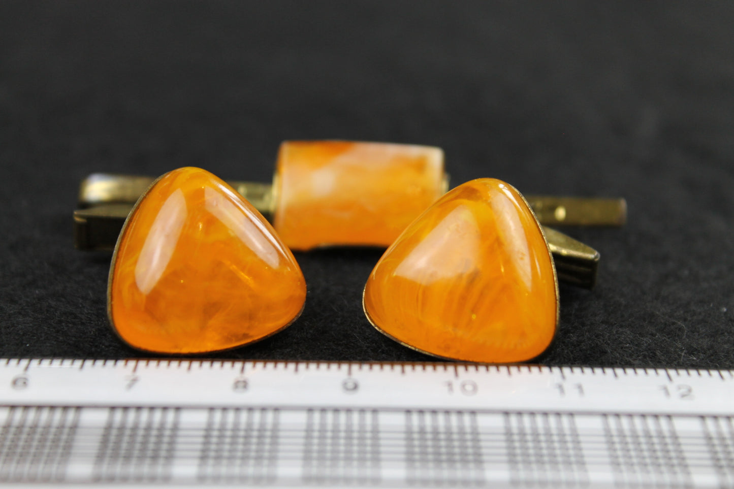 Vintage Amber Lucite Stone Cufflinks and Tie Clip Set