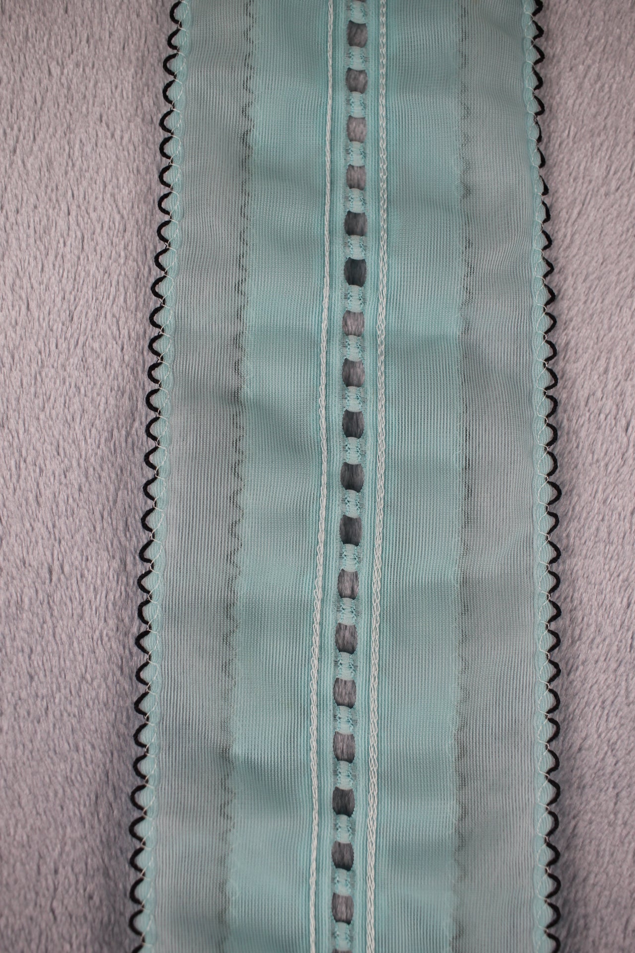 Vintage 1970s light blue black trim elastic neck tie button on shirt ruffle