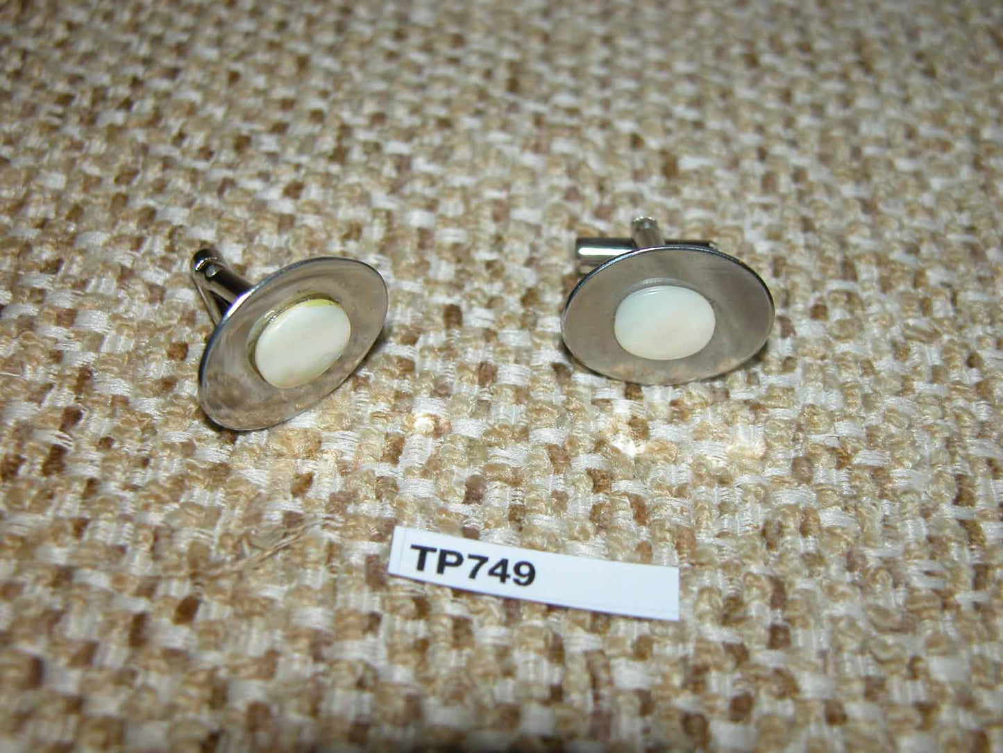 Vintage Mother Of Pearl & Silver Metal Oval Cuff Links