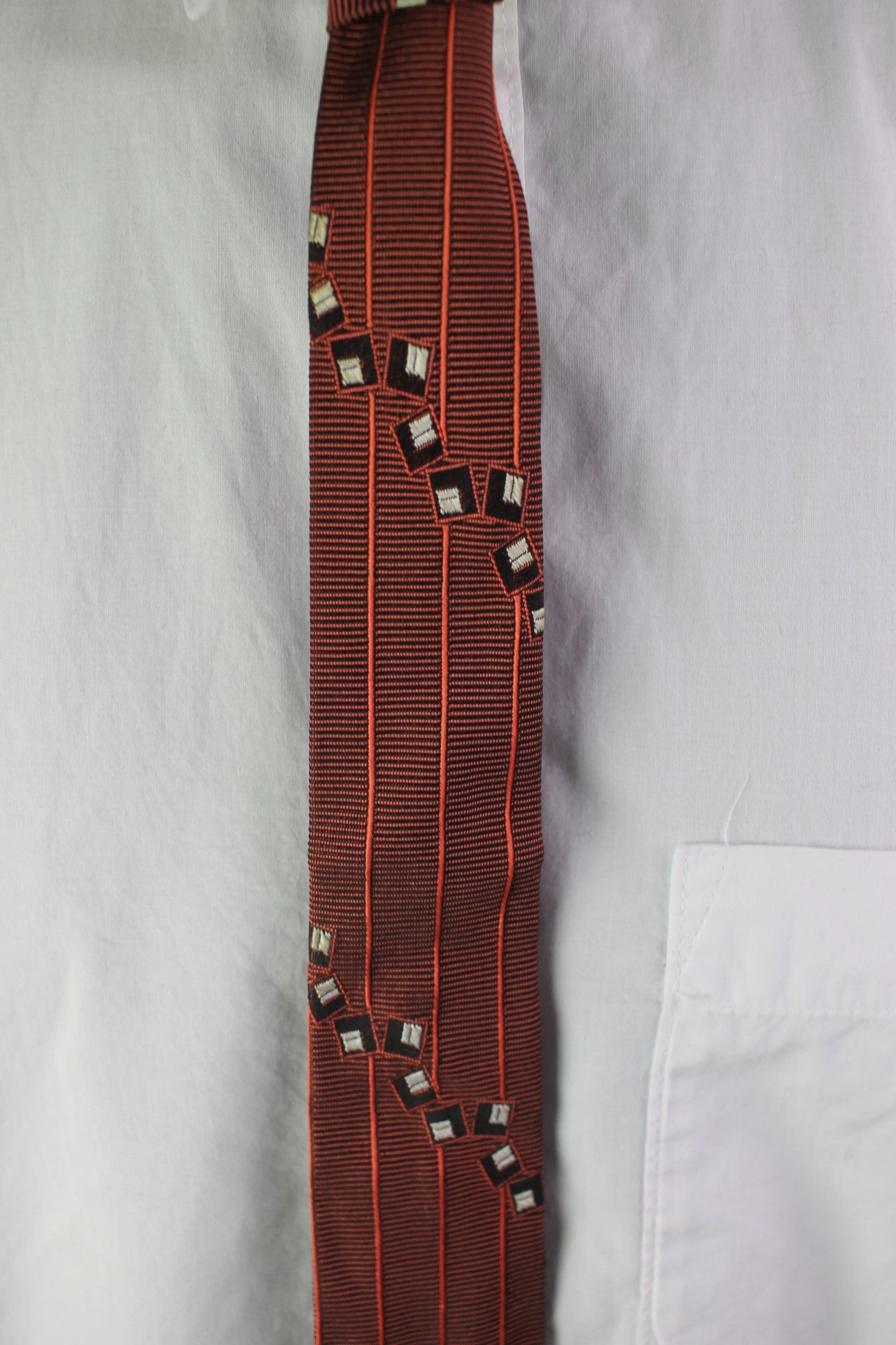 Vintage pink black striped pattern with square motifs square end skinny tie