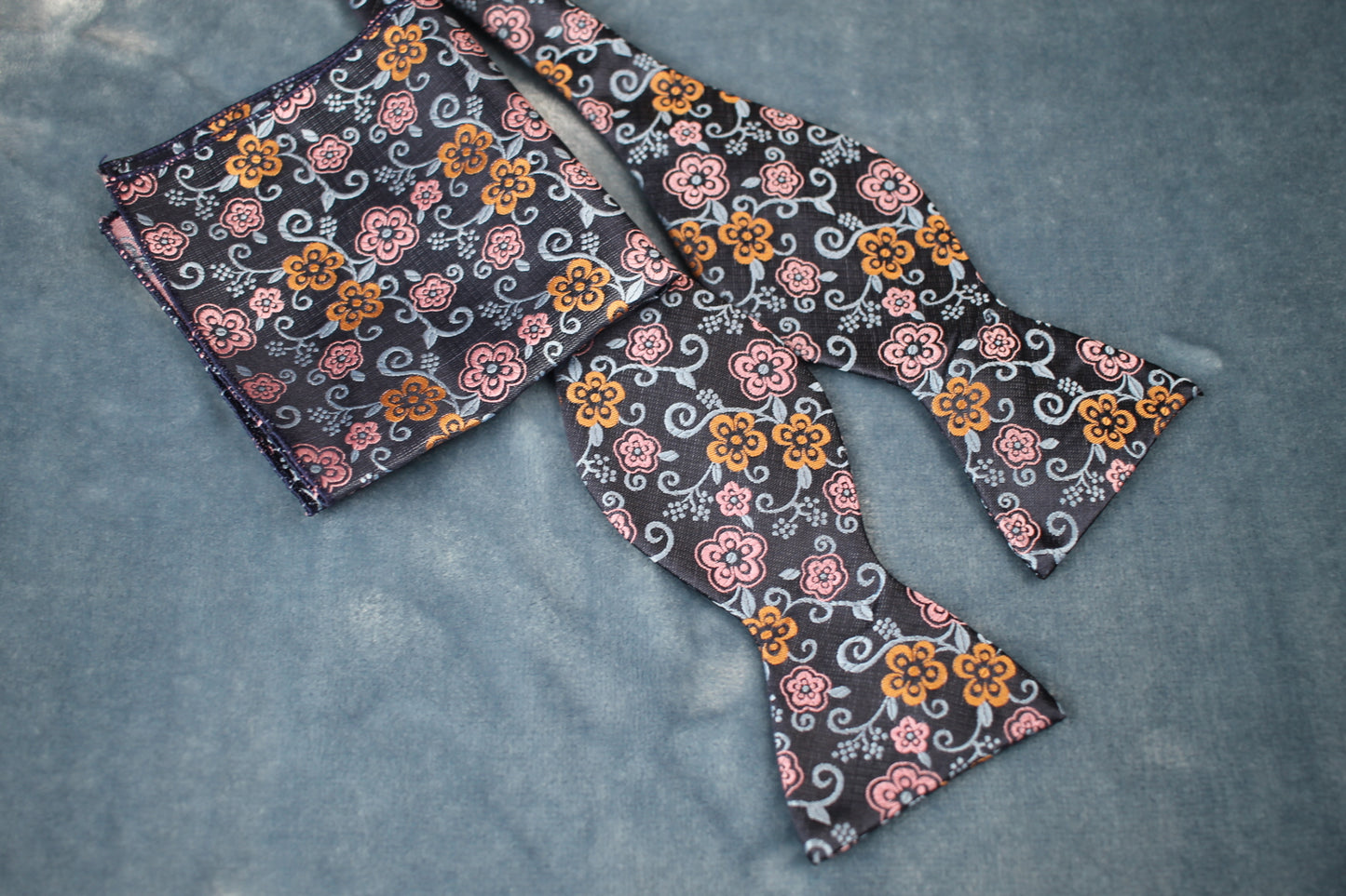 Vintage blue pink copper pattern adjustable self tie bow tie and handkerchief set