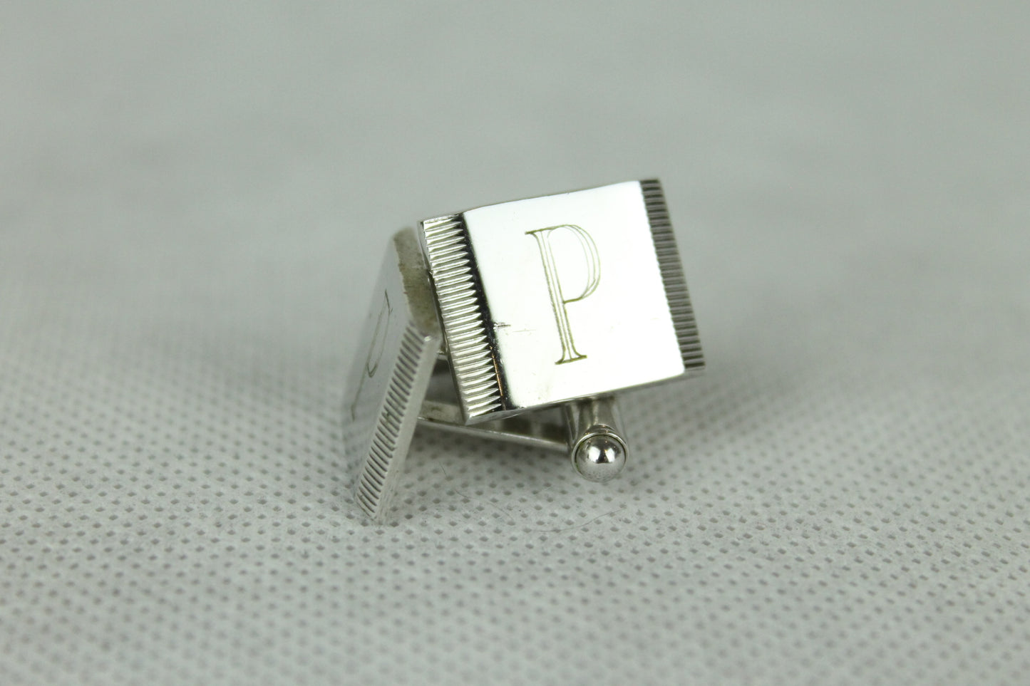 Vintage Silver Metal Initial P Oblong Cufflinks