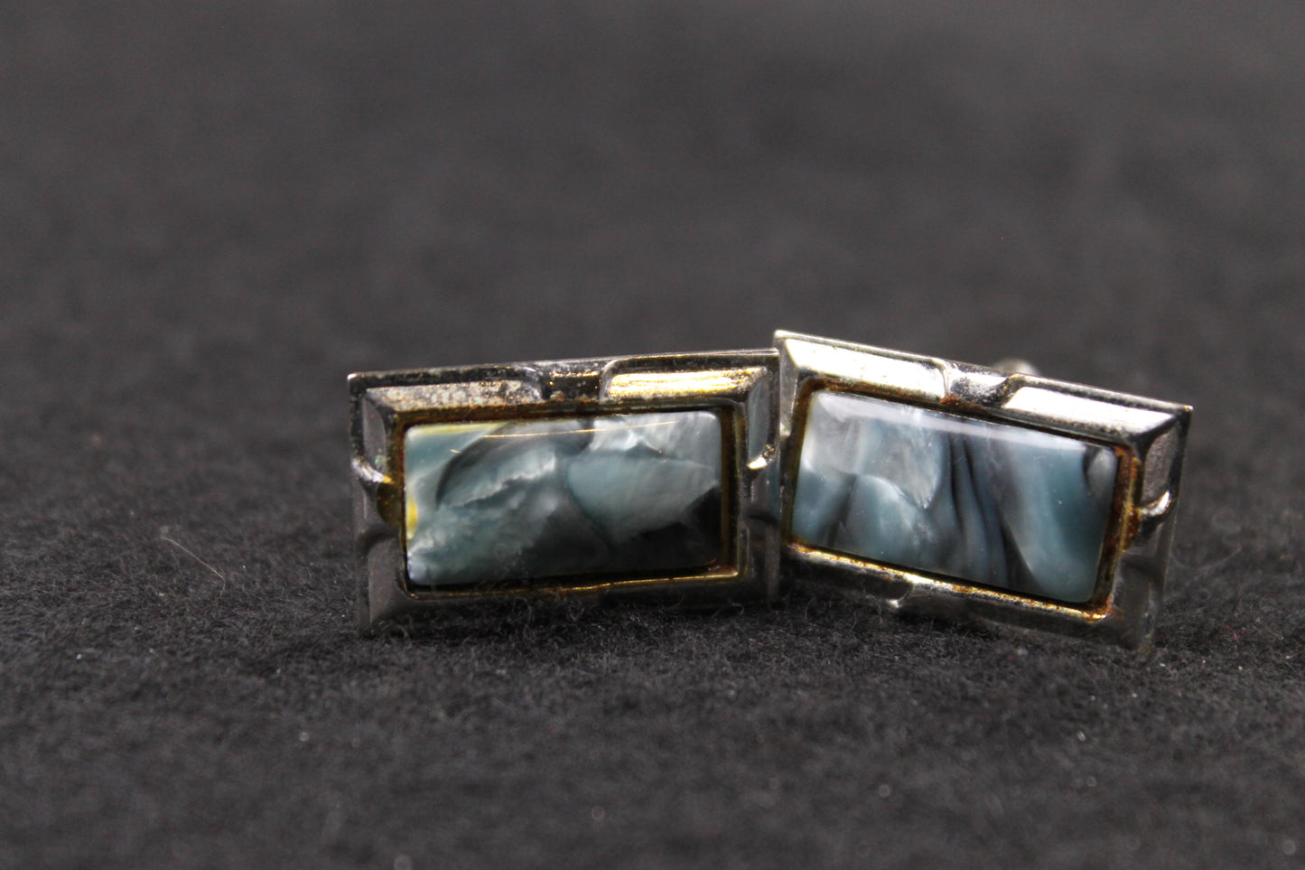 Vintage Oblong Blue Grey Marbled Lucite Cufflinks