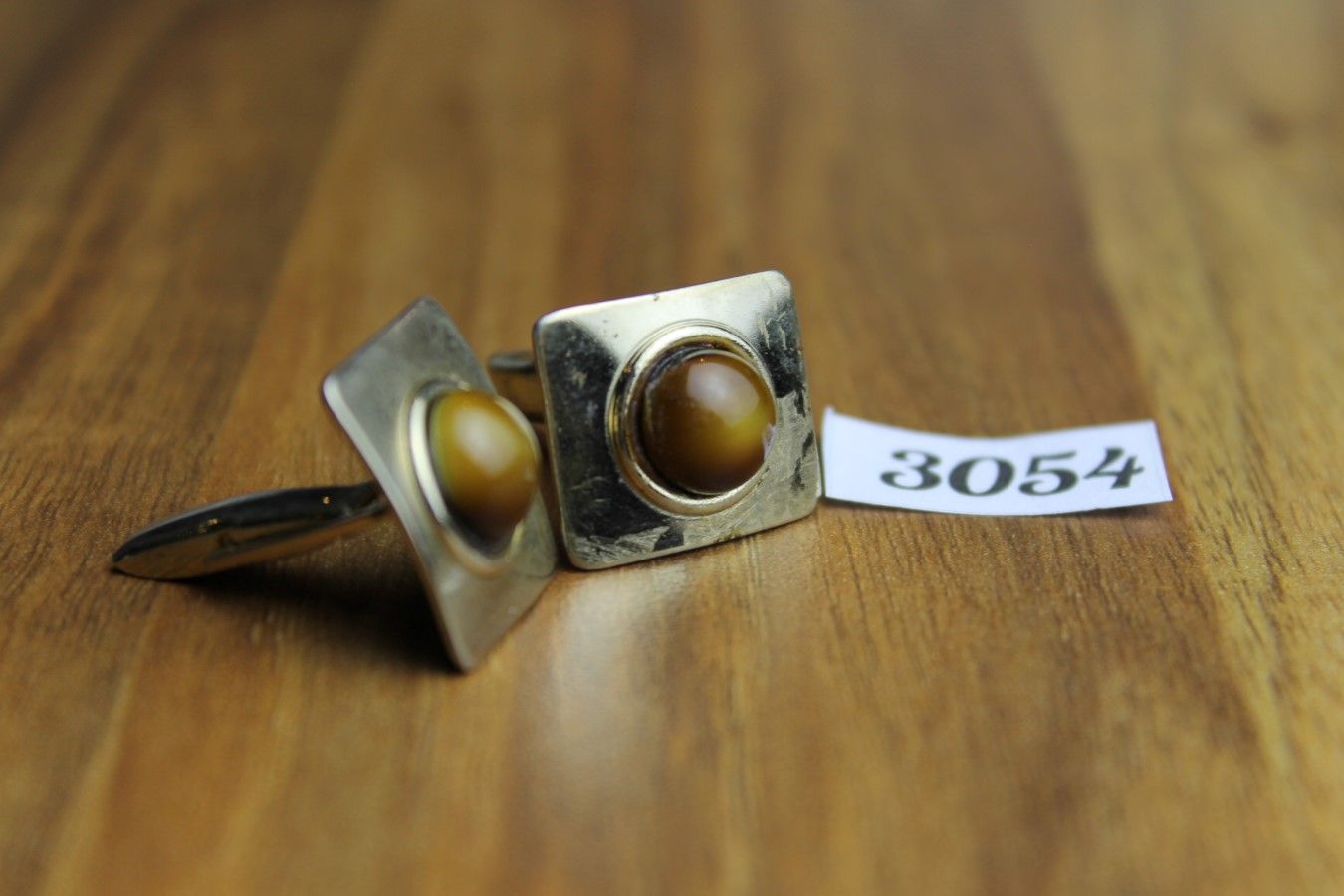 Vintage Silver Metal Tigers Eye Square Cuff Links