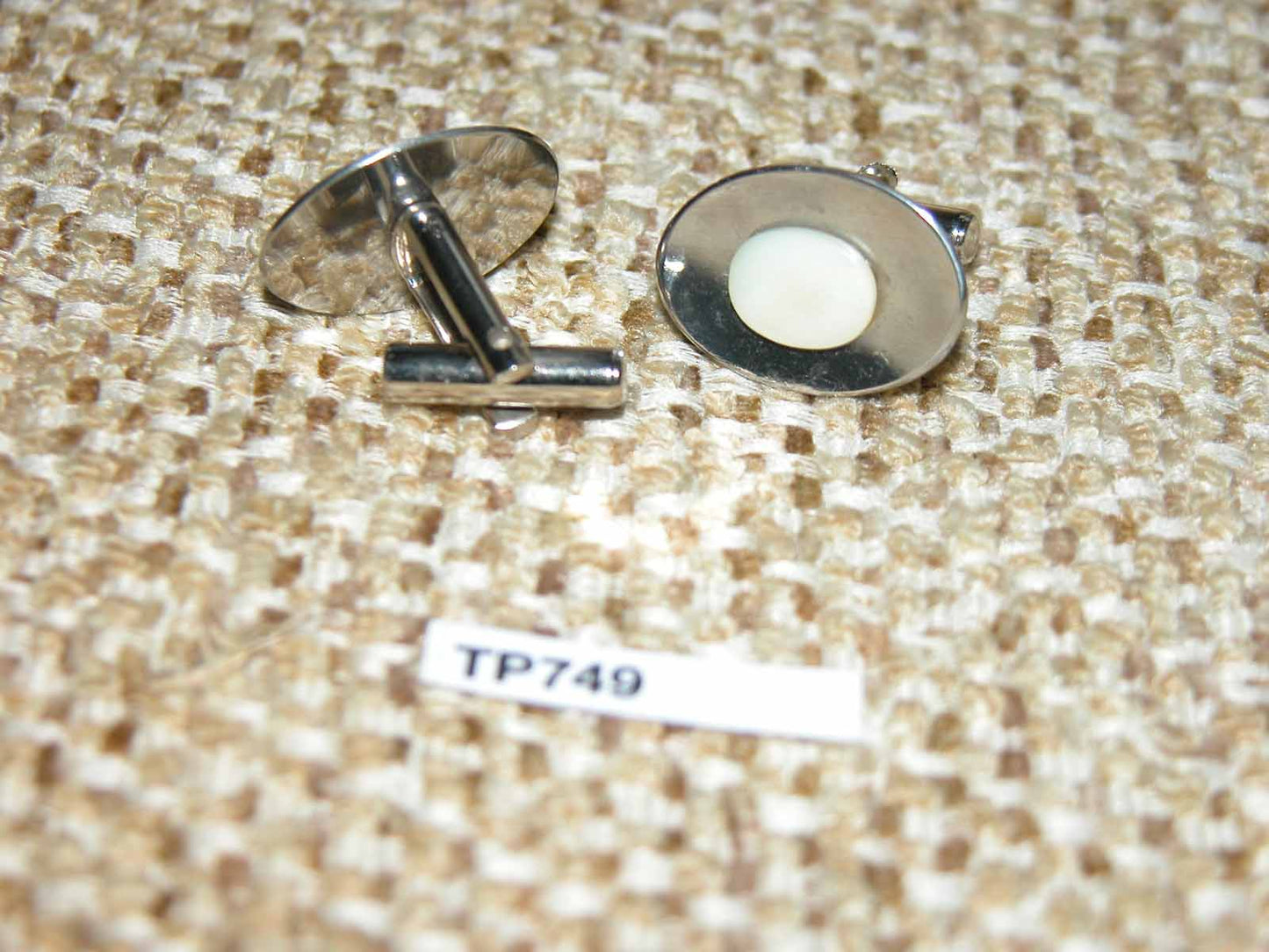 Vintage Mother Of Pearl & Silver Metal Oval Cuff Links