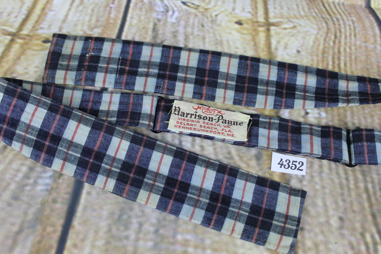 Superb Vintage Virginia Payne Tartan Plaid Denim Blue Self Tie Paddle Bow Tie
