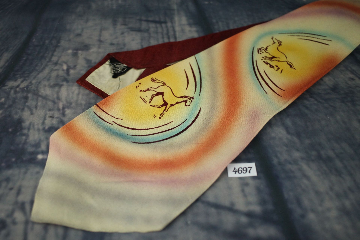 Vintage 1940s/1950s Louvre Cravat Multi coloured Hand Painted Horses Tie Lindy hop Swing Zoot Suit Rat Pack