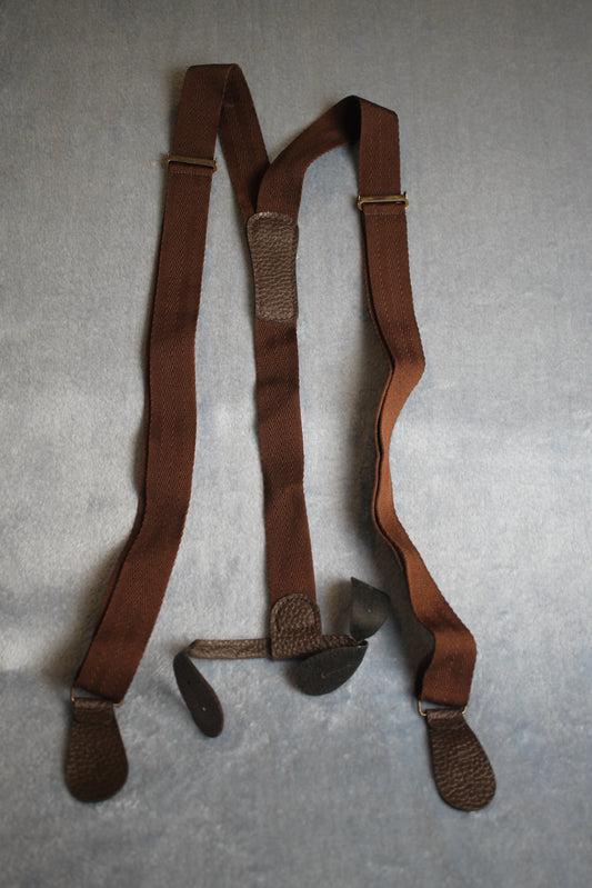 Vintage retro leather thong button on elasticated brown textured braces adjustable 80s Wall Street