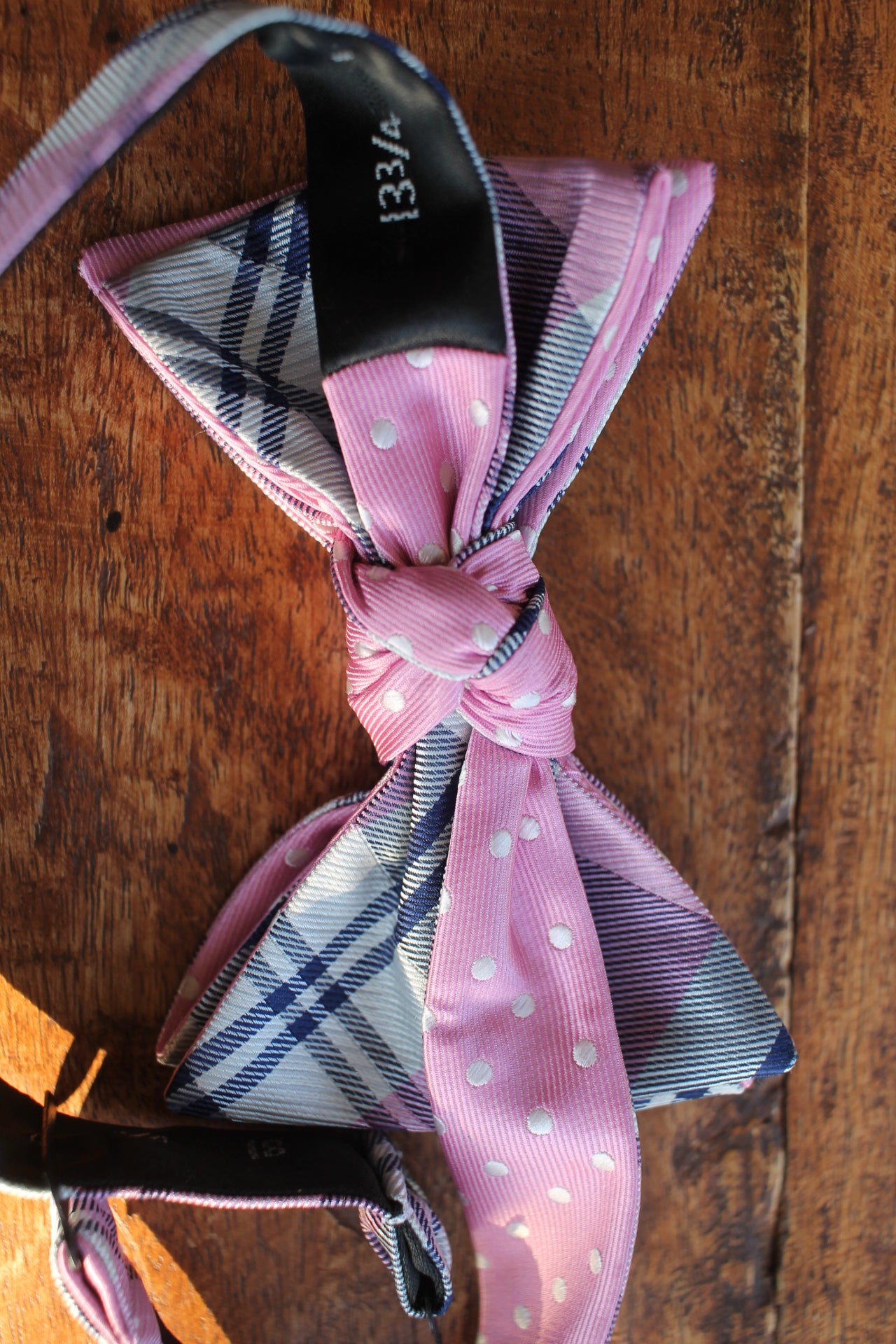 Vintage Nick Dunn pre-tied pink white grey tartan bow tie adjustable