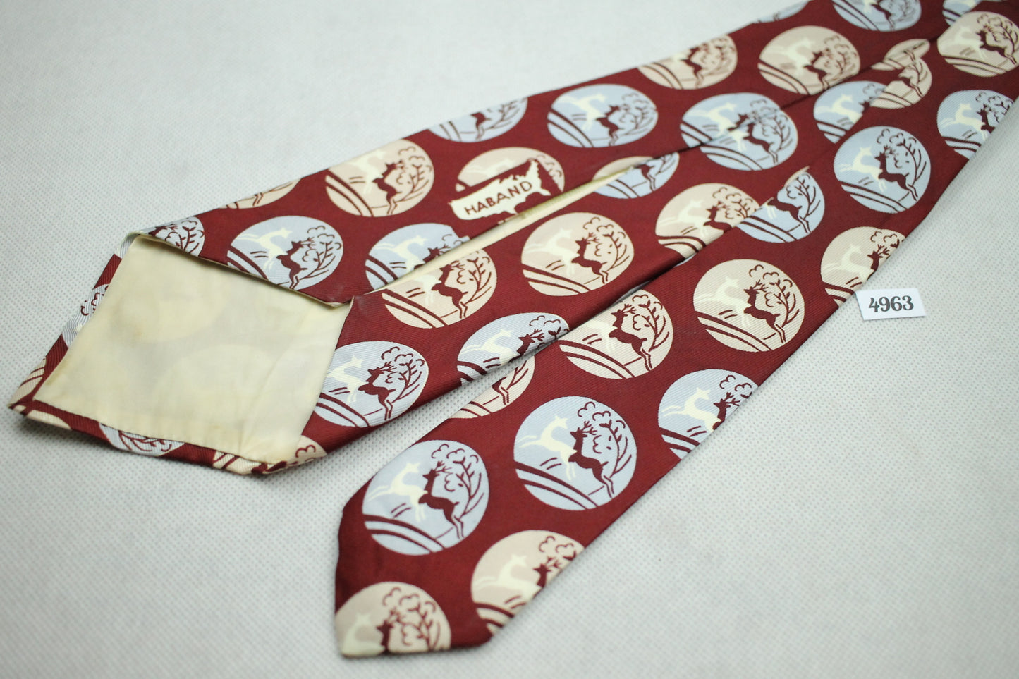 Vintage Haband Swing Tie 1940s/50s Burgundy Pale Blue Beige Deer Design
