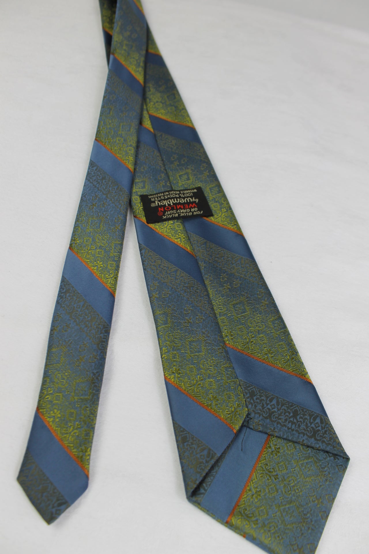 Vintage Wembley Wemlon Sharkskin Fabric Blue Gold Striped Jacquard Tie 1950s/60s