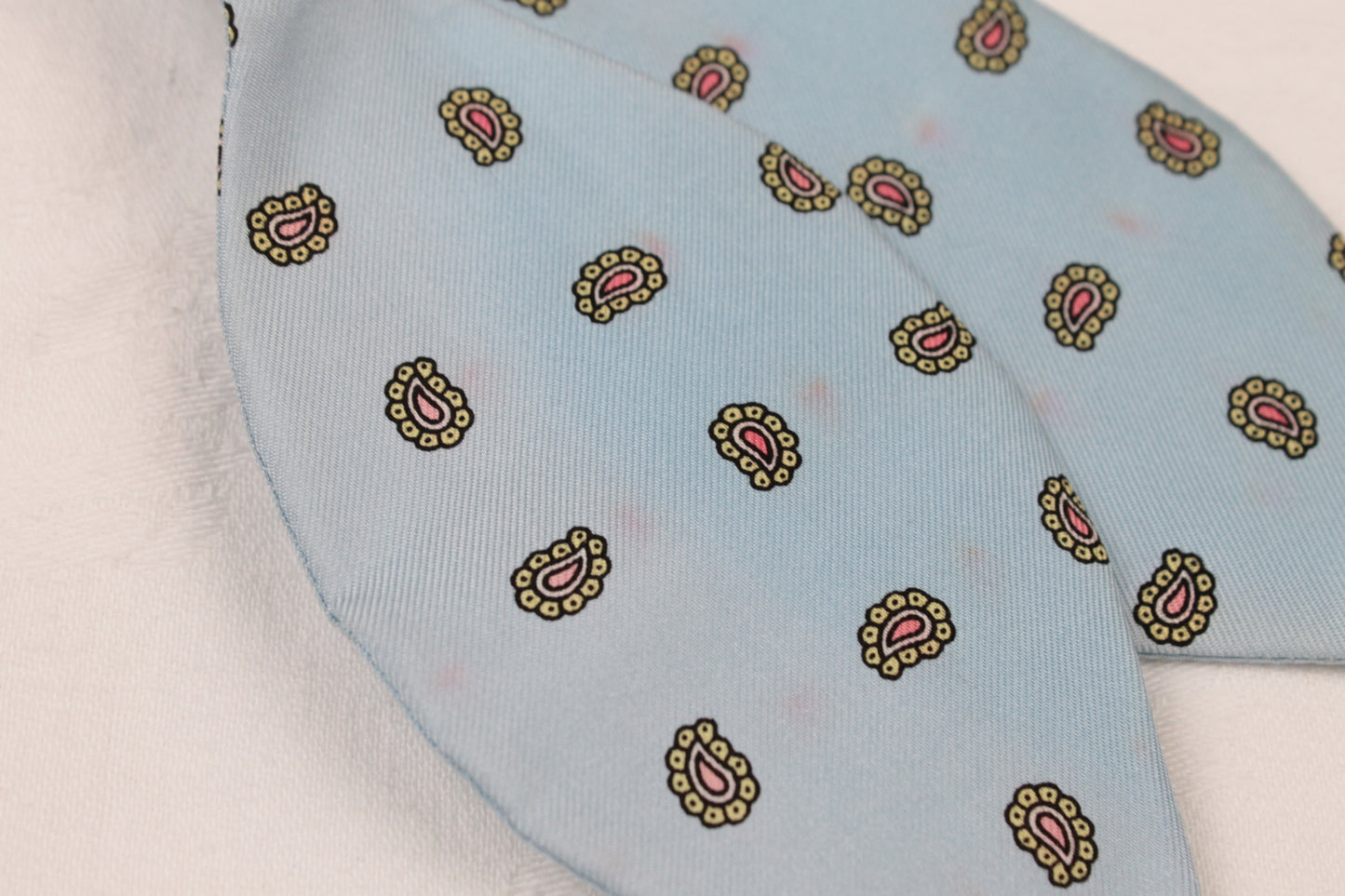 Vintage Pale Blue All Silk Deconstructed Paisley Self Tie Adjustable Thistle Bow Tie